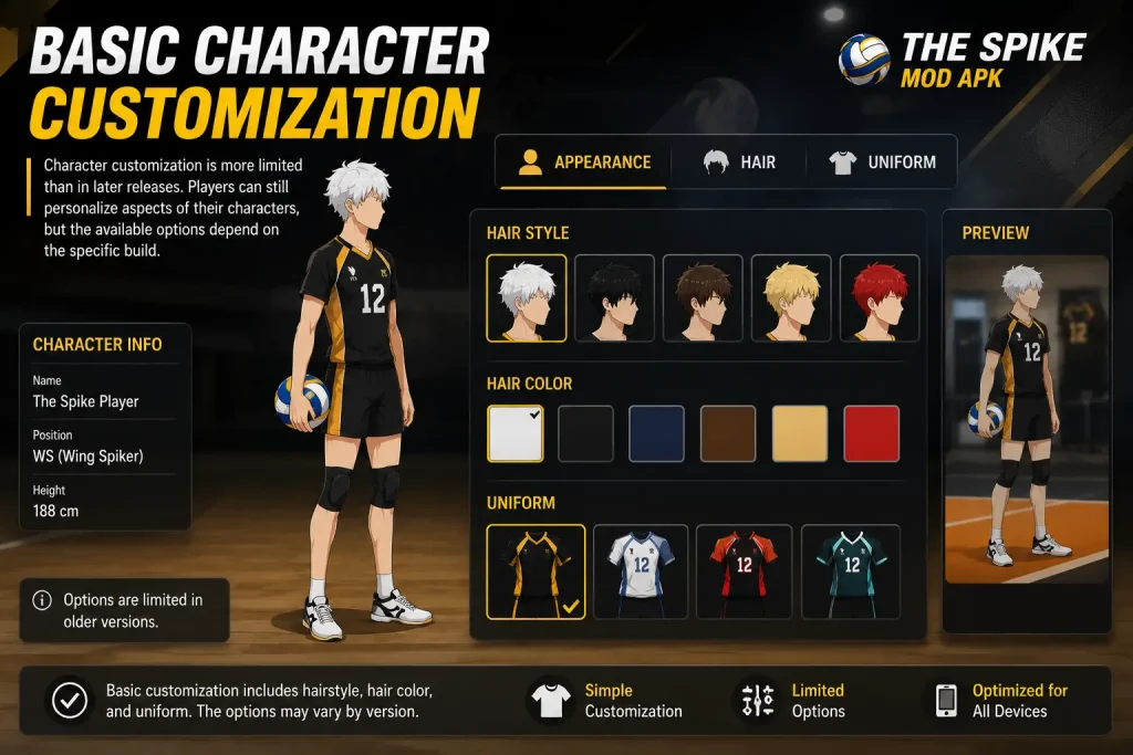 The Spike MOD APK basic character customization with limited hairstyles, hair colors, and uniforms
