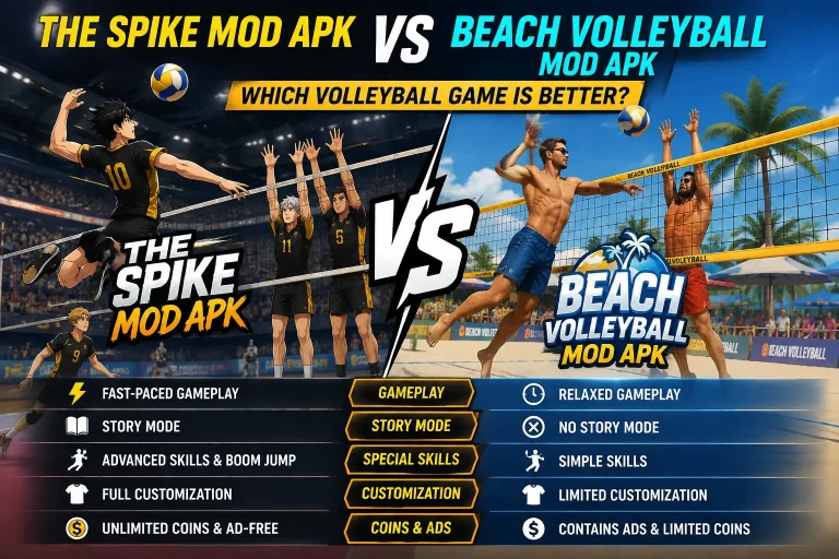 The Spike MOD APK vs Beach Volleyball MOD APK gameplay and feature comparison
