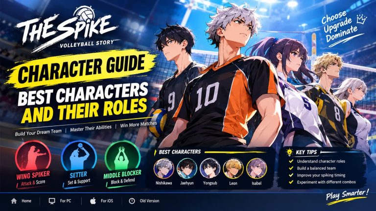 The Spike Volleyball Story best characters guide showing Nishikawa, Jaehyun, Yongsup, Leon, and Isabel with their volleyball roles.